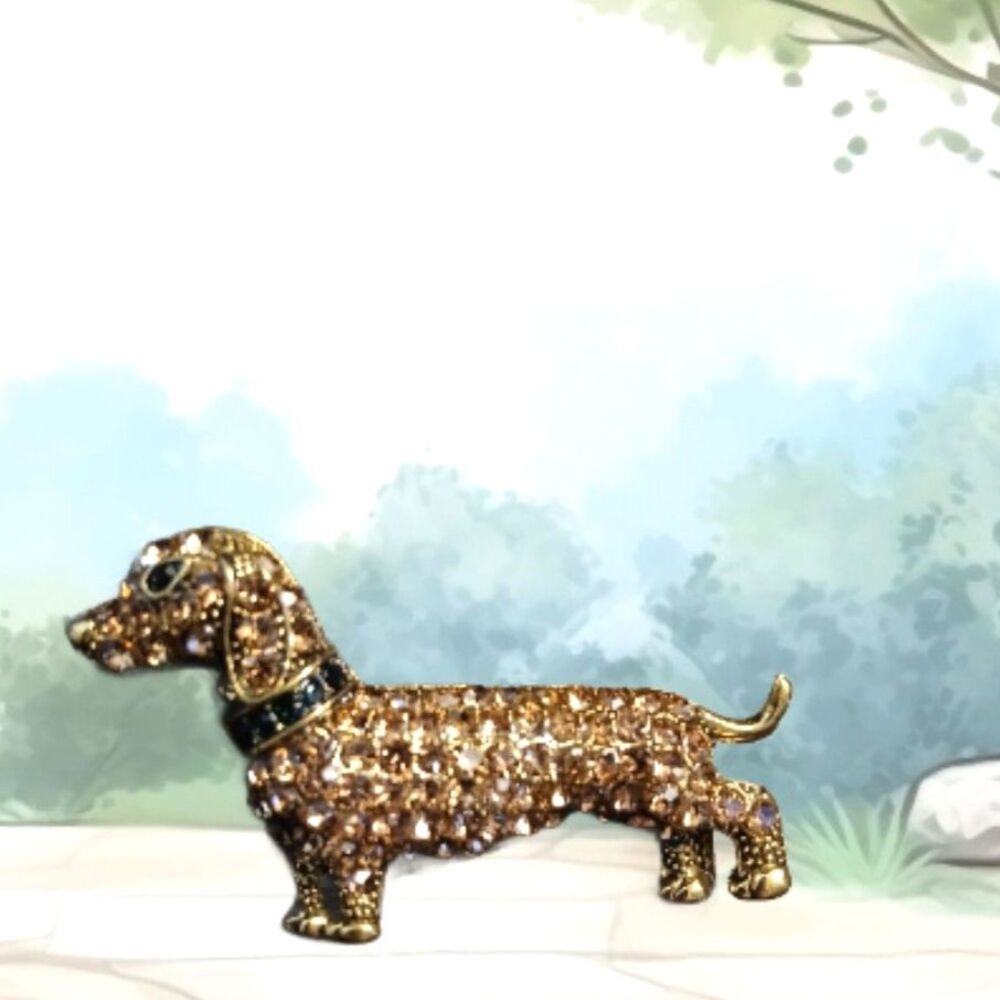 AMBER & Green CZs Gold DACHSHUND Dog Puppy Brooch Pin